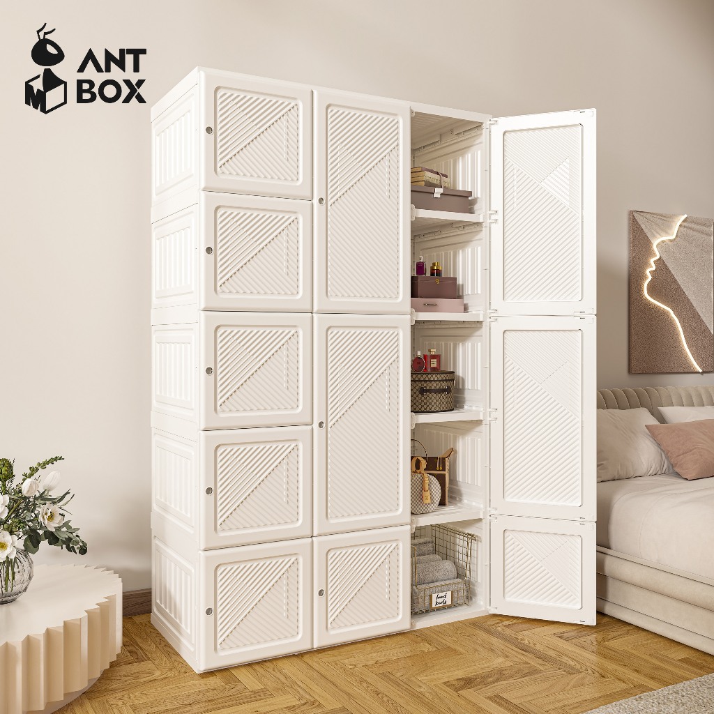 ANTBOX Lemari Pakaian Pintu Putih 14 Box Penyimpanan 890L Lemari Baju Lipat Minimalis Plastik Tebal