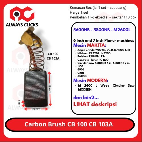 Carbon Brush Gerinda CB 100 HM0810 5800NB M2600L Sepul Areng Mesin Serut kayu Gurinda grinder