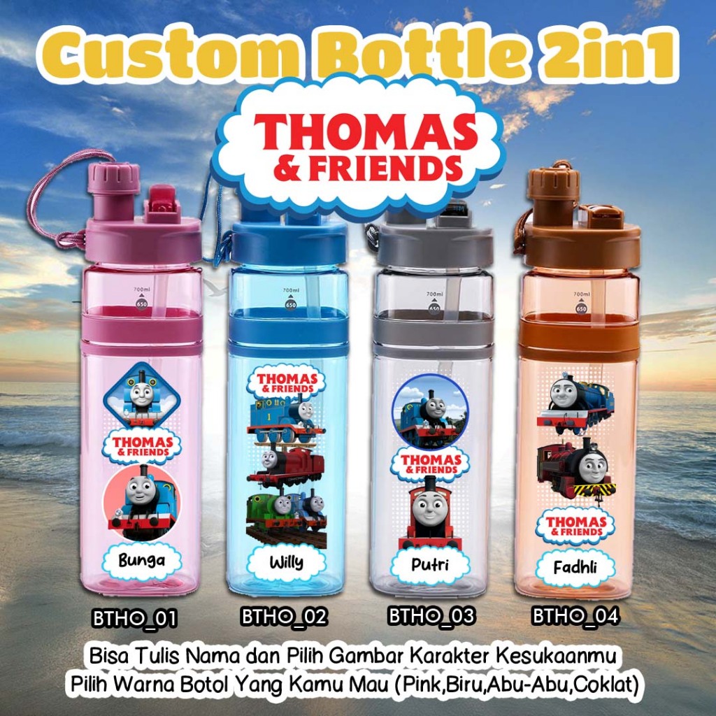 Botol Minum 2 in 1 Custom Desain KERETA BIRU LUCU CARTOON TRAIN THOMAS TOMAS FRIENDS kode BTHO
