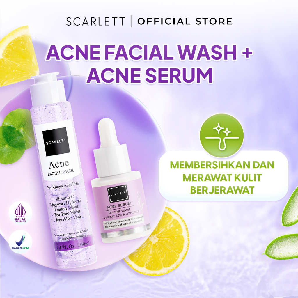 Scarlett Whitening Acne Facial Wash + Acne Serum Membersihkan dan merawat kulit berjerawat by SCARLE