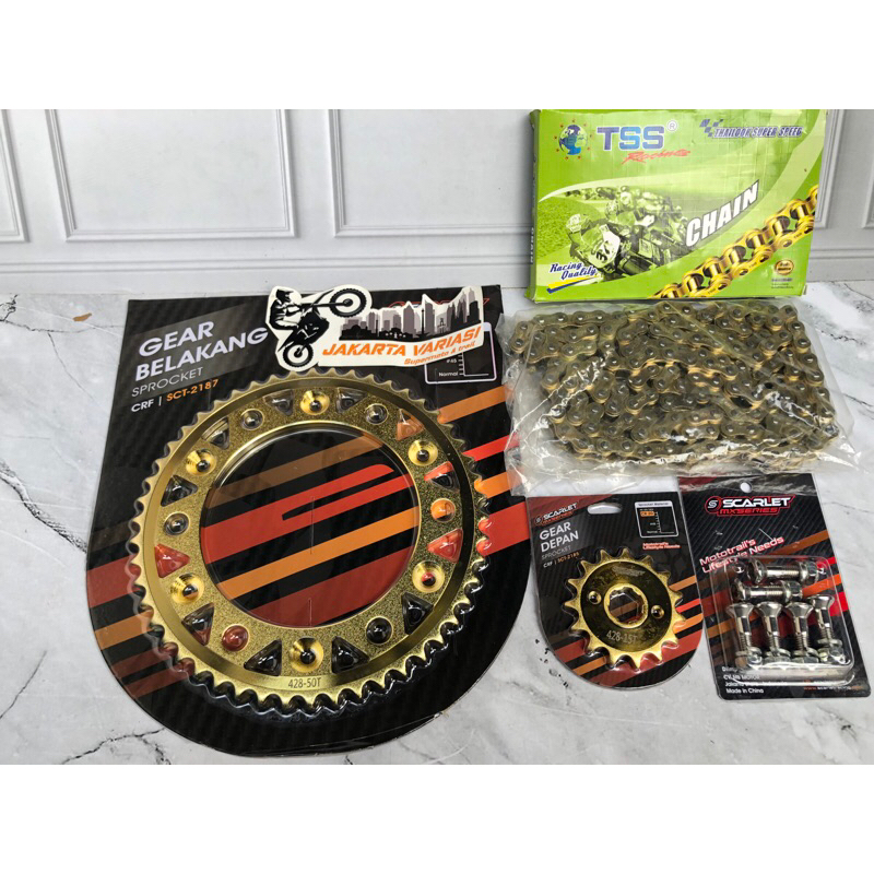 Gear set crf 150 l scarlet set rantai ger depan belakangharian trabas supermoto model roz ukurn 428 