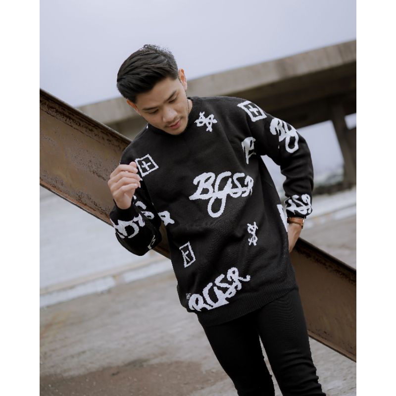 Crewneck Rajut BGSR Sweater Pria Full Print Sweater Oversize Kekinian