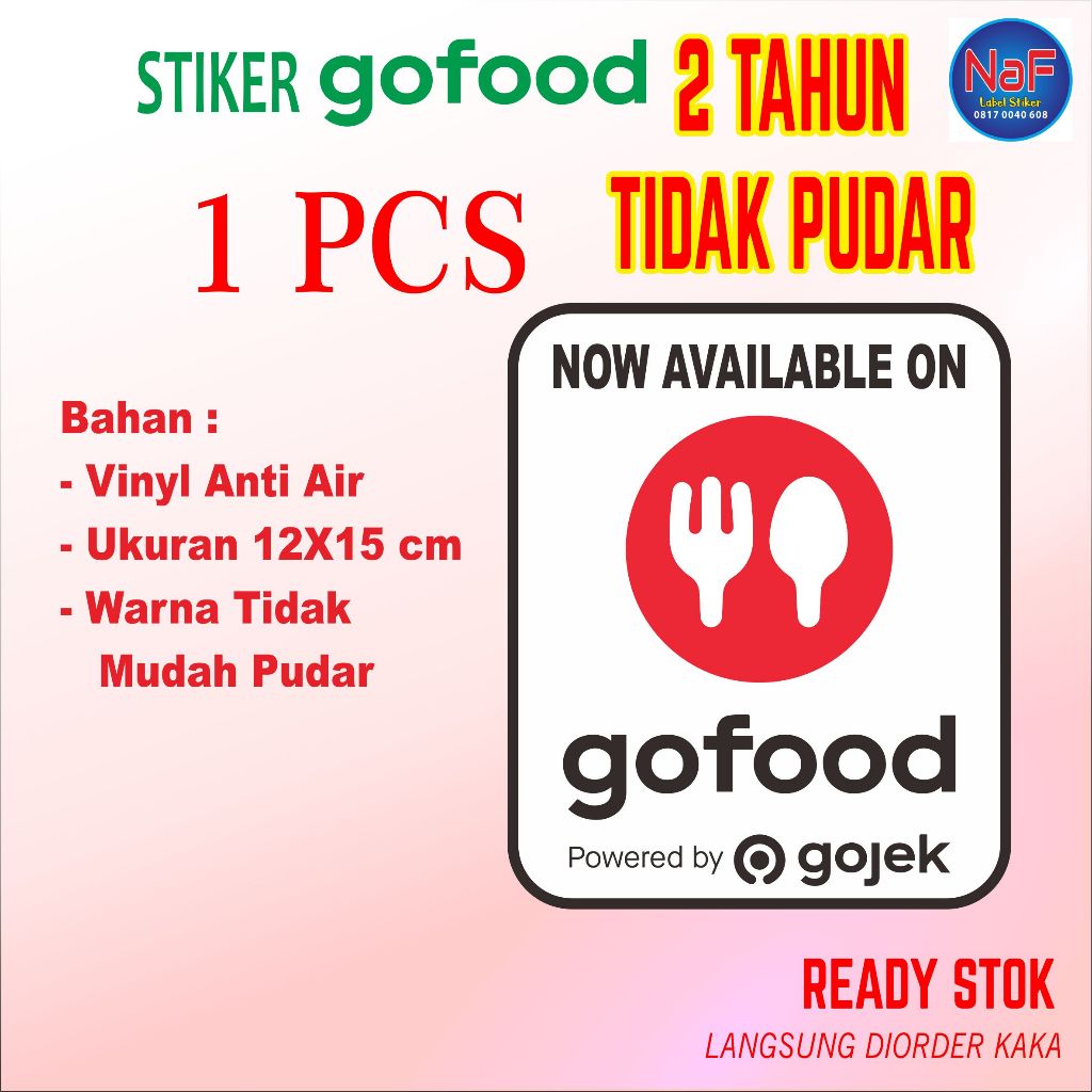 

Stiker Gofood available on cafe jualan online vinyl anti air