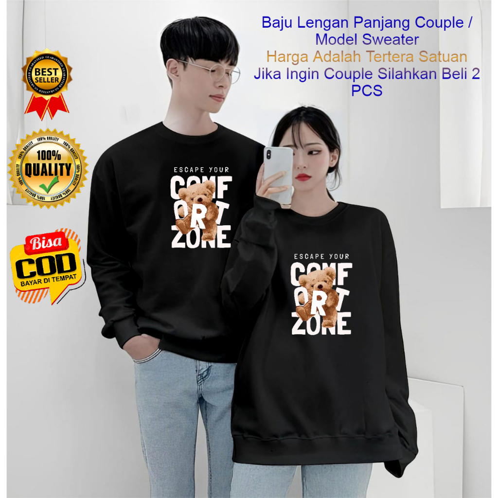 Baju Kaos Couple Pasangan Pacar COMFORTZONE / Lengan Panjang Couple Distro Model Sweater / Baju Kape