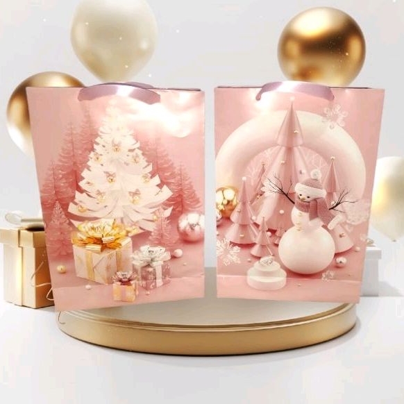 

Paper Bag Christmas / Tas Kado Gift Souvenir Natal Pink Lonceng Snow Man