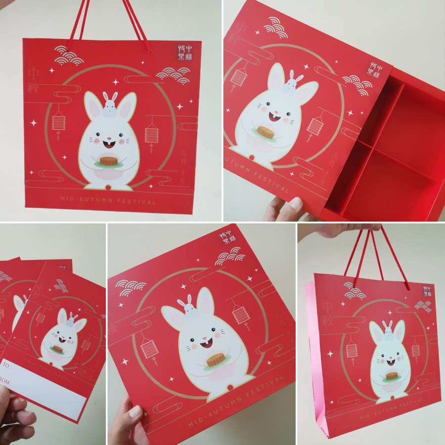 

( 5 Pcs ) Paket Hemat Dus & Paperbag Mooncake 125 - 150 gr Sekat 4 Motif RED RABBIT Ukuran 25x25x6 cm Hampers Box Makanana