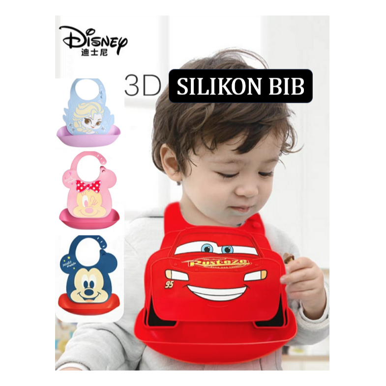 Bib Silikon Stitch Disney Mickey Minnie Cars Mc Queen Frozen Elsa Anna Olaf Celemek Anak Makan
