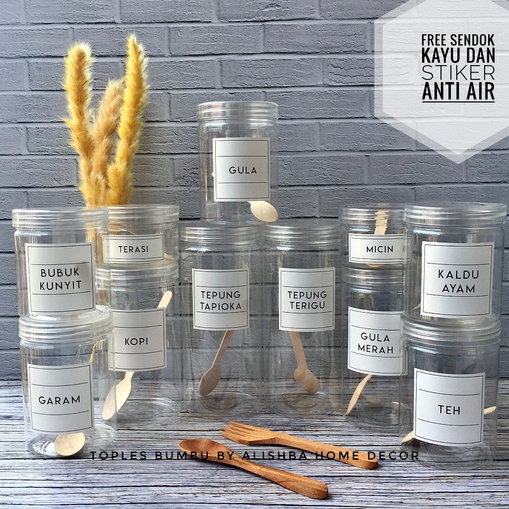 TOPLES BUMBU DAPUR TUTUP BENING (PLASTIK) SATUAN MODEL MINIMALIS FREE SENDOK KAYU DAN LABEL STIKER A