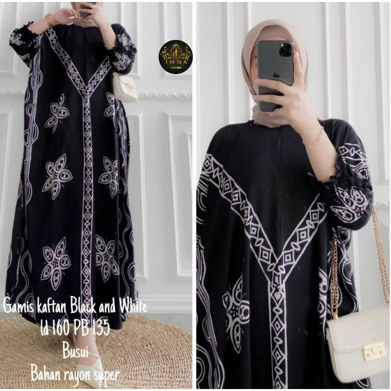 KAFTAN SAFIRA • IMMA • gamis dress kaftan batik black amd white hitam putih rayon super