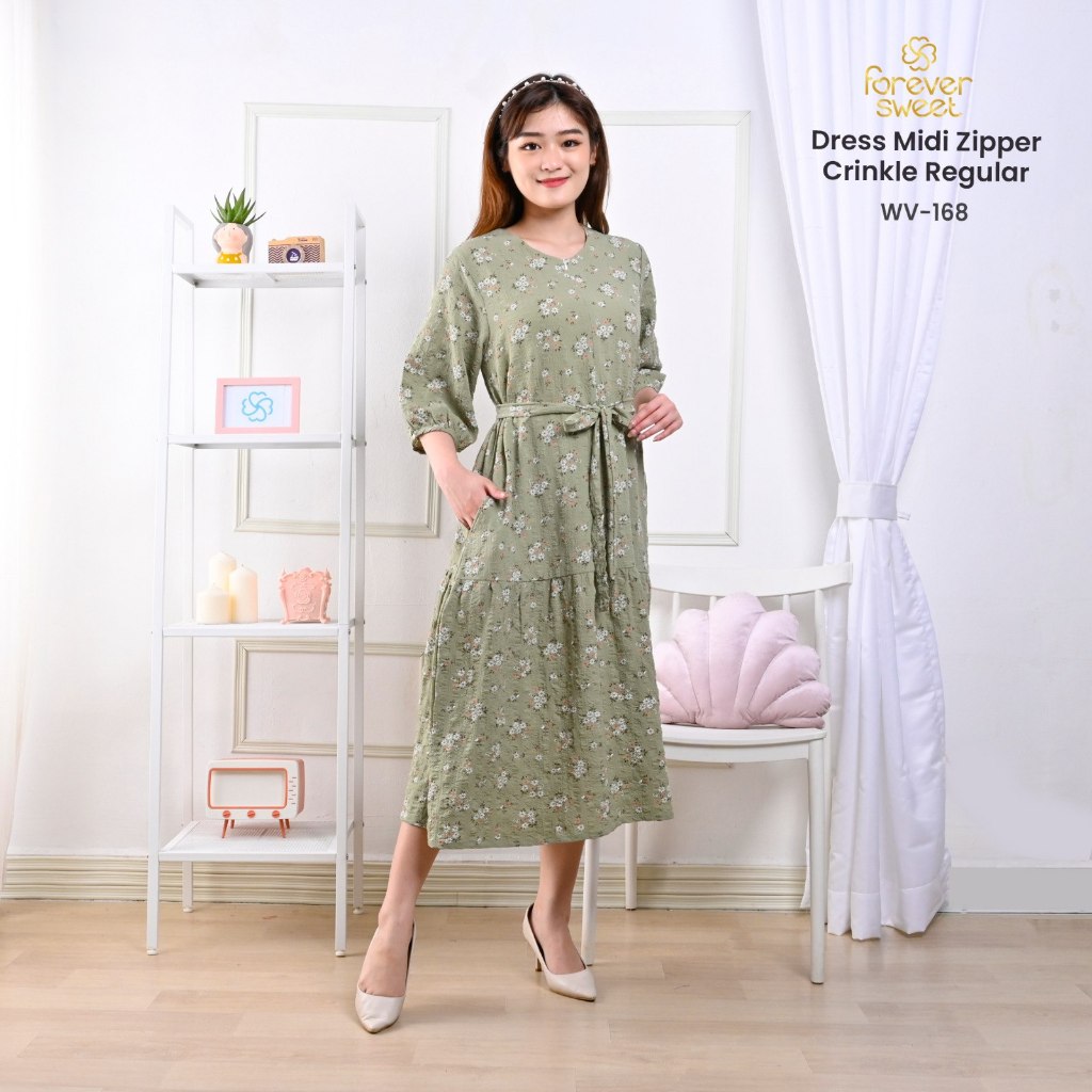 Forever Sweet Dress Midi Zipper Motif Bunga Crinkle Premium Senna Store Ejamas Hijab
