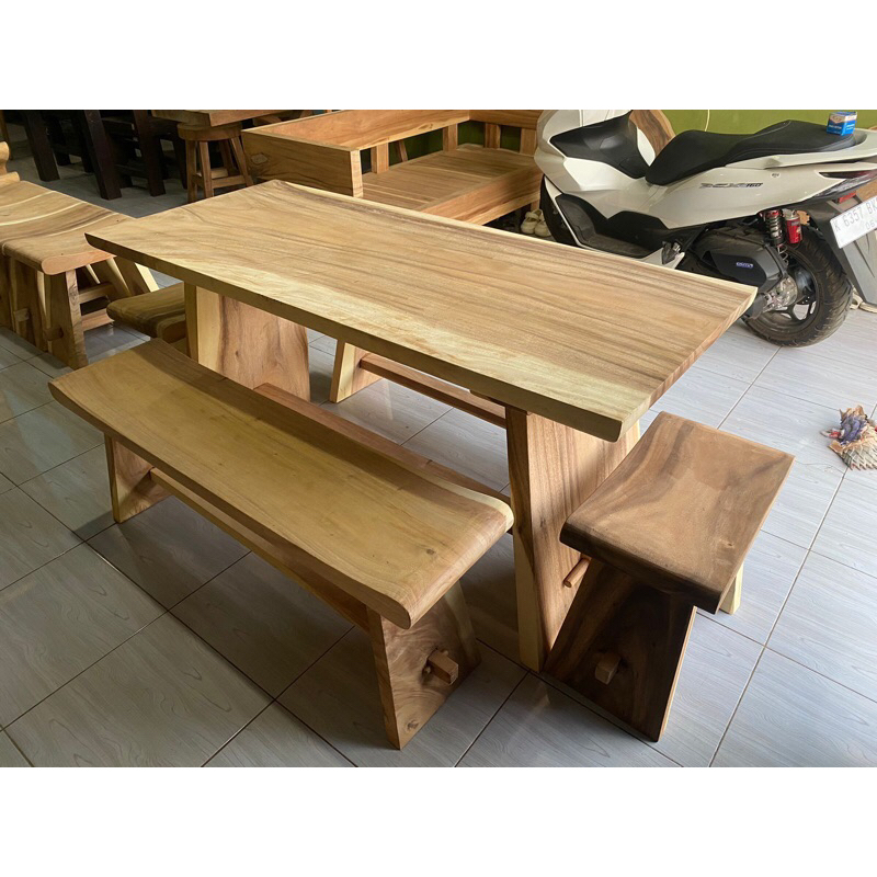 DINING SET TREMBESI SET MEJA MAKAN KAYU TREMBESI 150cm SOLID TANPA SAMBUNGAN