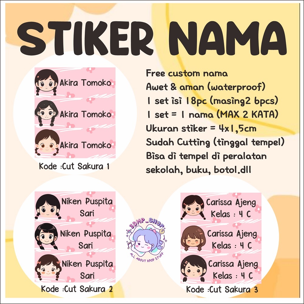 

Stiker label nama custom request buku botol cutting anak perempuan kepang kucing cutting
