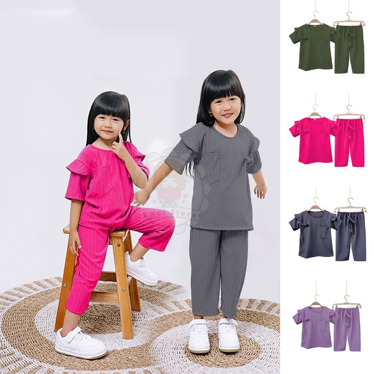 Setelan Knit Hornet Anak Perempuan Setcel Cewek Usia 1 2 3 4 5 6 7 8 9 10 Tahun Baju Lengan Pendek C