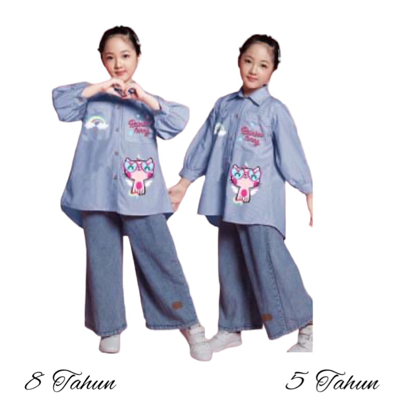 setelan kemeja salur celana jeans anak perempuan LP