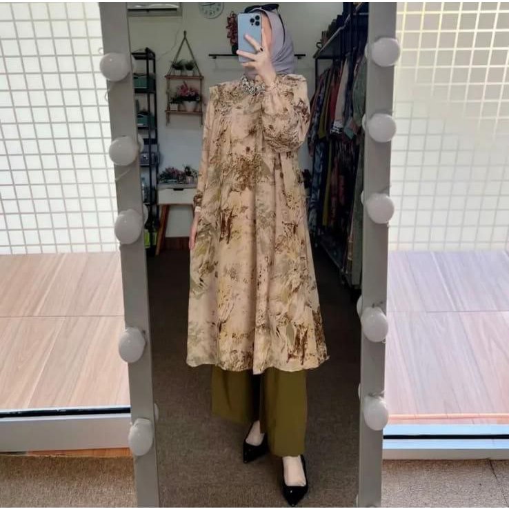 ONE SET TUNIK ABSTRAK GARIS BAHAN CERUTI + FURING, SETELAN WANITA MOTIF LURIK GARIS ABSTRAK