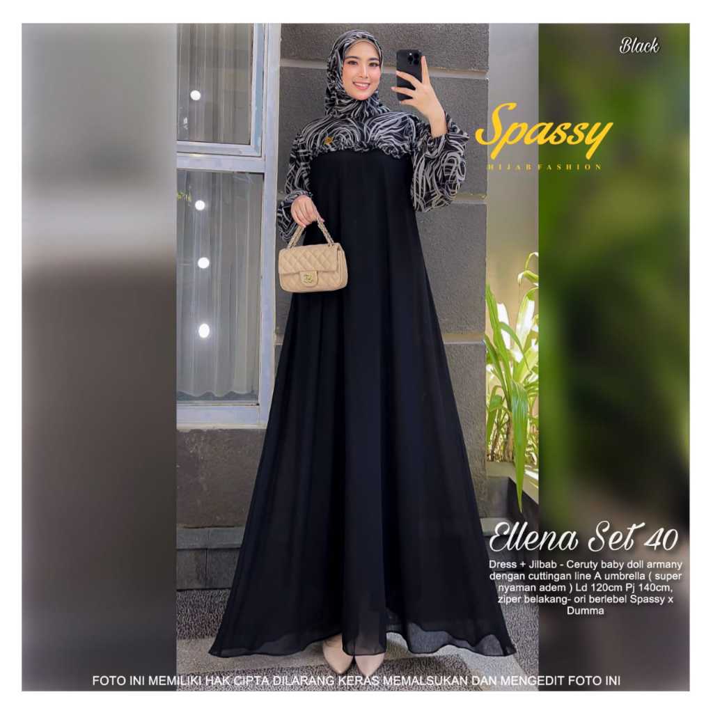 ( INCLUDE HIJAB ) ELLENA / ELENA SET HIJAB SEGI EMPAT DRESS GAMIS MAXY ORIGINAL BY SPASSY OFFICIAL F