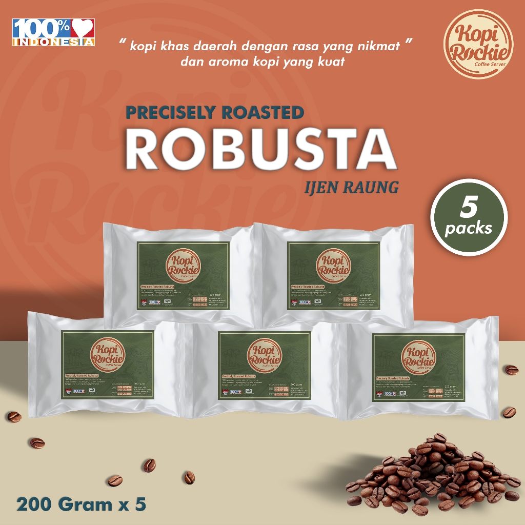 

Premium Kopi Bubuk Robusta Ijen Raung Fresh Roasted - KOPI ROCKIE - 200 Gram x 5 Packs