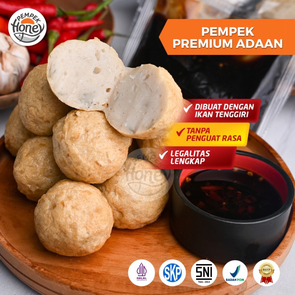 

Pempek Honey Paket Super Hemat.Ikan Tenggiri PREMIUM, Tanpa Penguat Rasa (NON MSG) Halal MUI, SKP, SNI, BPOM, & HACCP