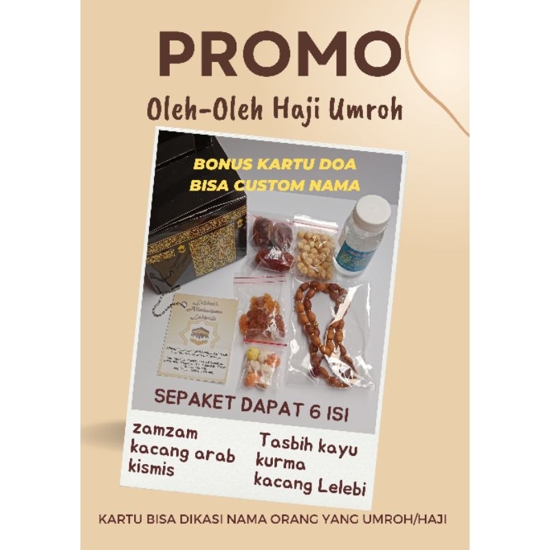 

Paket isi 6 Oleh-oleh haji umroh zamzam kacang arab kurma kismis tasbih kacang Lelebi