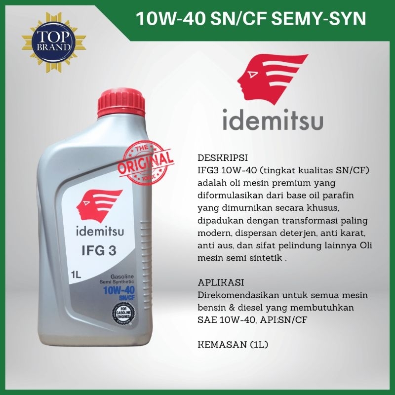 Oli Mesin Mobil 10W-40 Semi Synthetic IFG3 IDEMITSU 1 Liter