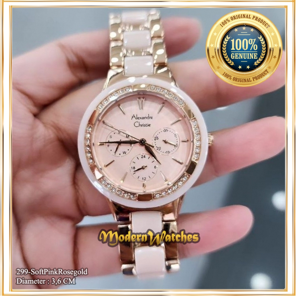 Jam Tangan Ori Wanita Alexandre Christie Terlaris AC 2299 Black Rosegold Grey Pink Hitam Keramik Ale