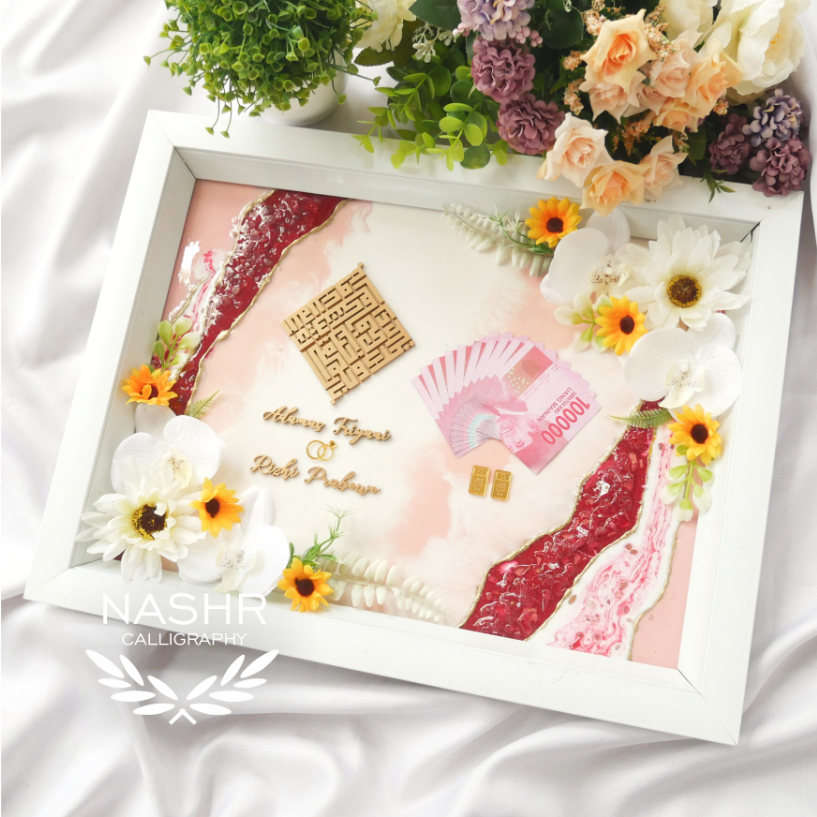 Glam Resin Art Putih 30x40 cm ( Kaligrafi & Nama TIMBUL ) Hiasan Dekorasi Bingkai Mahar Nikah Kado H