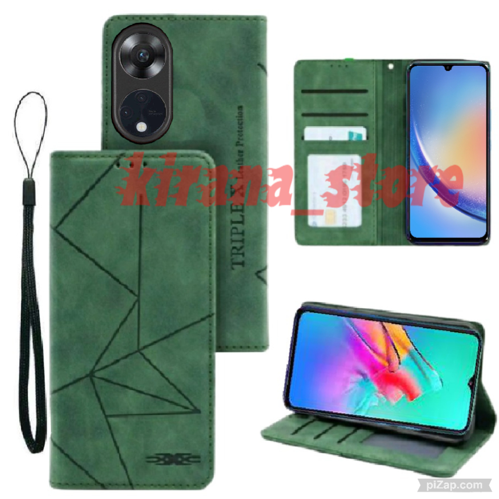 OPPO RENO 8T 5G Flip Case Flip Motif Dompet Casing HP Flip Kulit Motif Garis Wallet Leather Cover Un