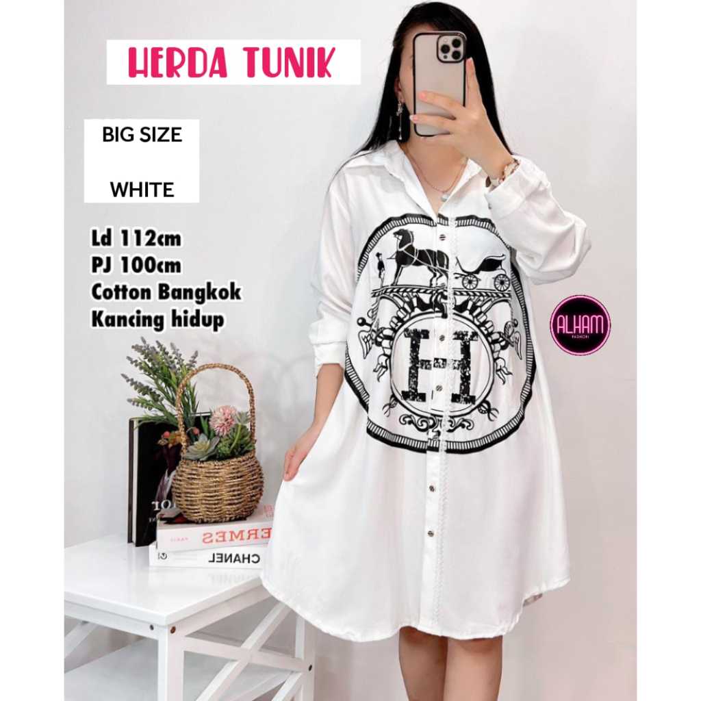 Baju Atasan Wanita Putih Hitam Herme LD 112 Herda Tunik Alham Bahan Premium Katun Bangkok