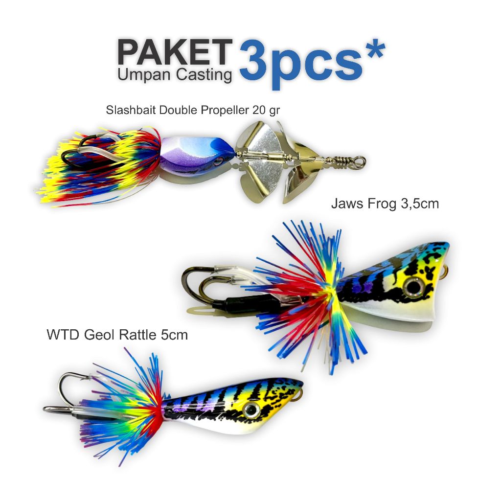 3PCS PAKET HEMAT UMPAN CASTING LENGKAP SLASH BAIT DOUBLE PROPELLER 20 GRAM | AUTO WTD GEOL 5CM RATTL