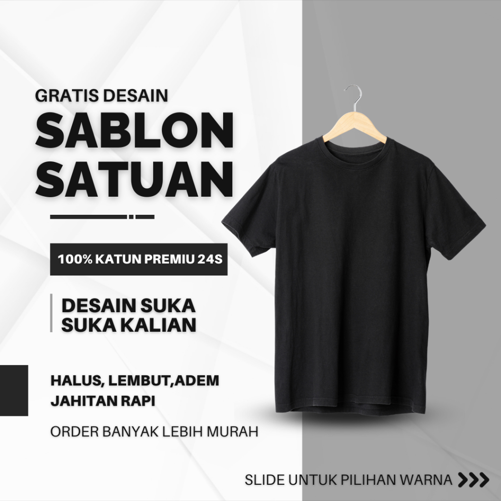 Sablon Kaos Satuan Bahan 24s Katun Premium Gratis Desain / Custom Kaos Satuan 24s Kualitas 100% Katu