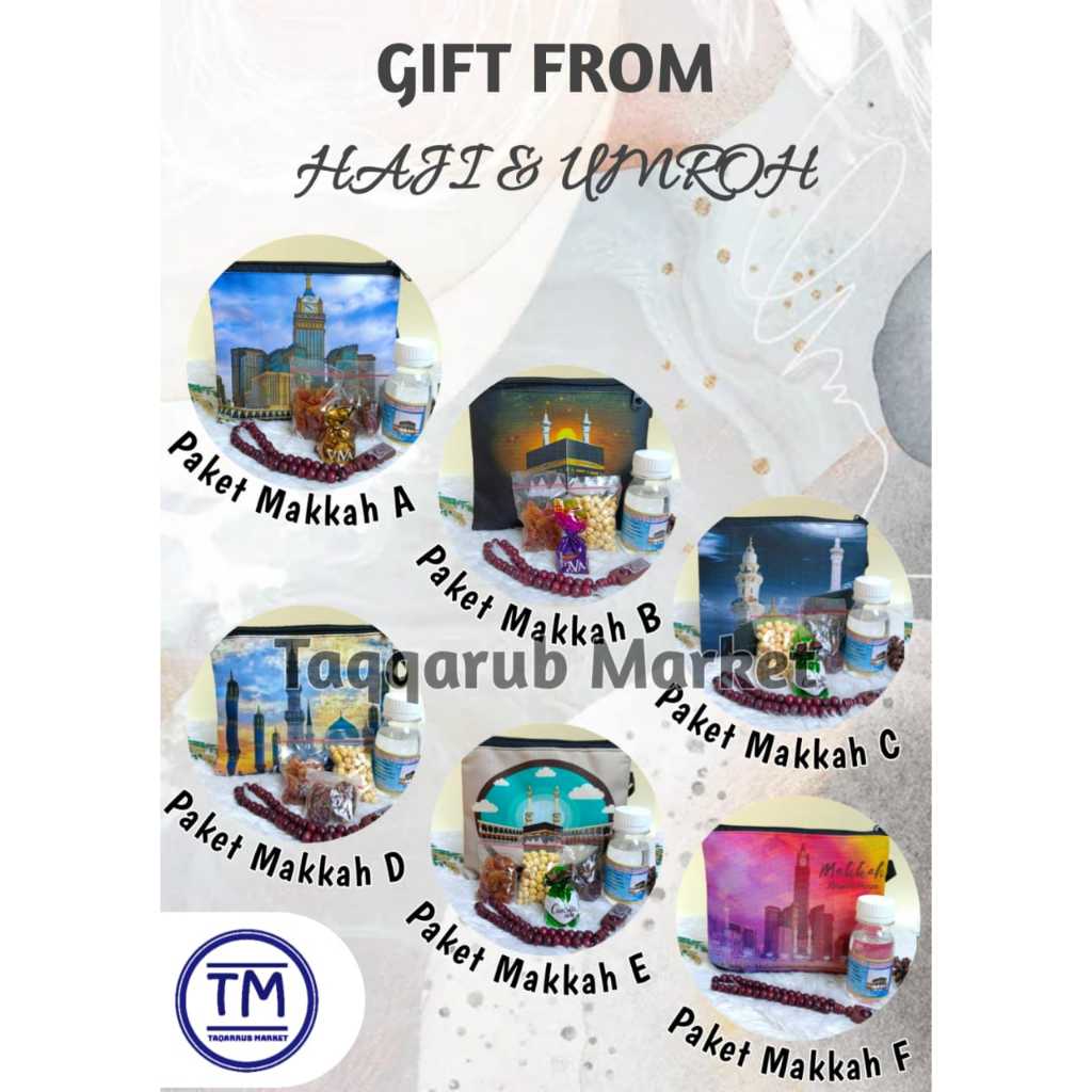 

PAKET SOUVENIR OLEH-OLEH HAJI & UMROH (Paket Makkah) Kemasan Dompet Printing Isi Air Zam-zam 80 ml Kurma Kacang Arab Kismis Cokelat Turkey Tasbih Kayu 33