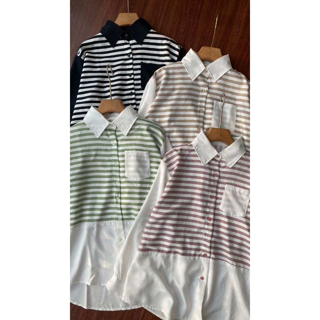 Kemeja Shakila Stripe Combi Shirt Premium Quality - Kemeja Wanita