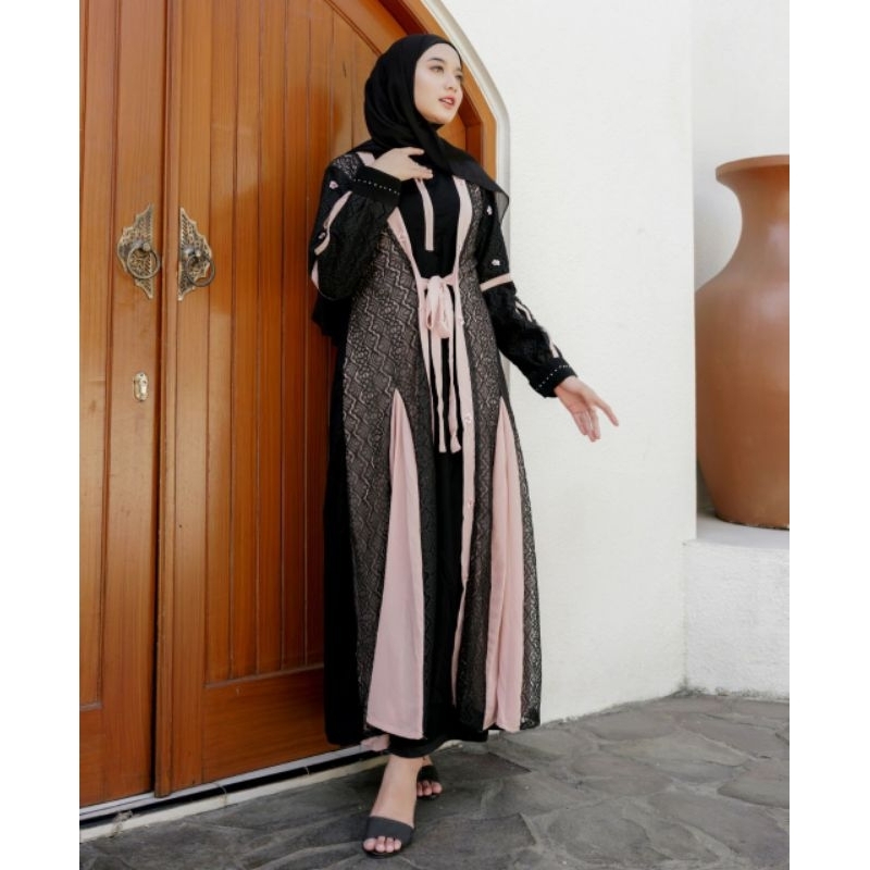 abaya jetblack premium kombinasi brukat ceruti coksu busui n wudhu' friandly 1071