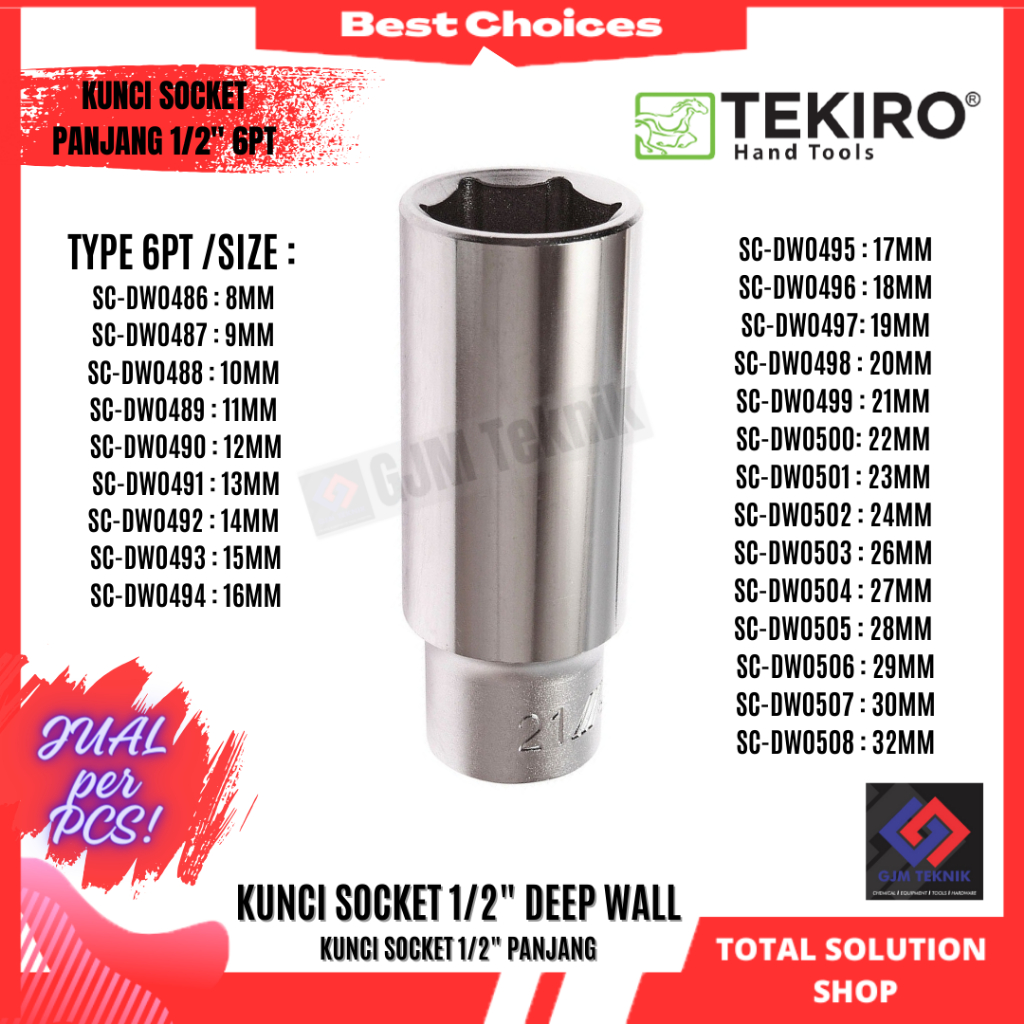 Tekiro Mata Sock Panjang 17 - 21 mm 1/2 Inch 6PT Kunci Sok Hand Socket