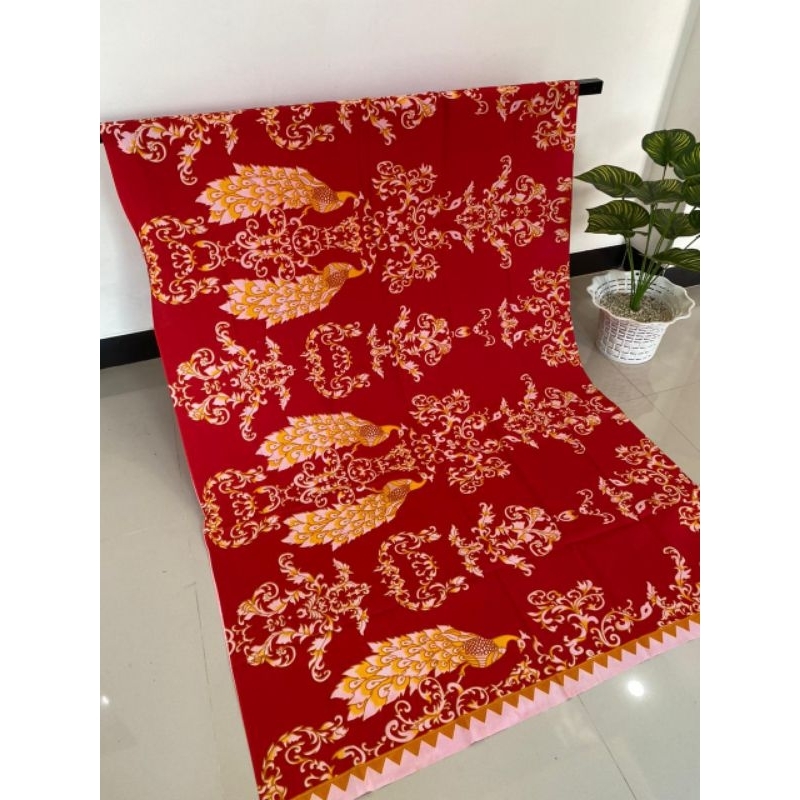Kain Batik Solo katun printing motif merak kembar merah