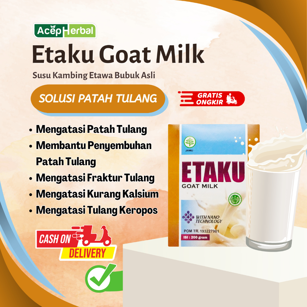 

Susu Untuk Patah Tulang, Penyembuhan Patah Tulang, Fraktur Tulang, Kekurangan Kalsium, Pengapuran Tulang, Pengeroposan Tulang, Osteoporosis Etaku Goat Milk 200gr