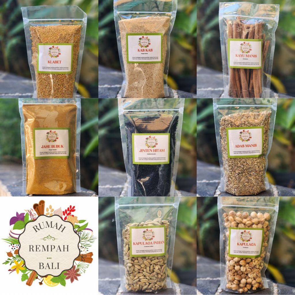 

REMPAH BUMBU DAPUR TERLENGKAP KUALITAS PREMIUM LADA HITAM KETUMBAR DAN LAIN LAIN RUMAH REMPAH BALI