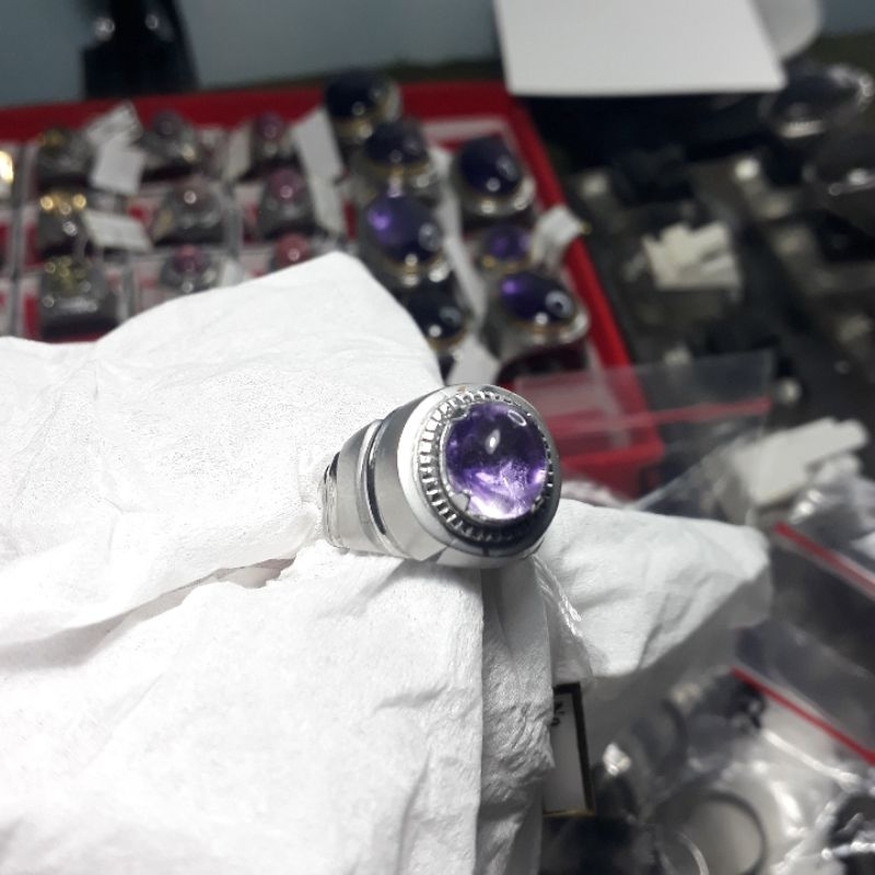 cincin batu permata asli natural amethyst. emban ikat ring monel super doff handmade
