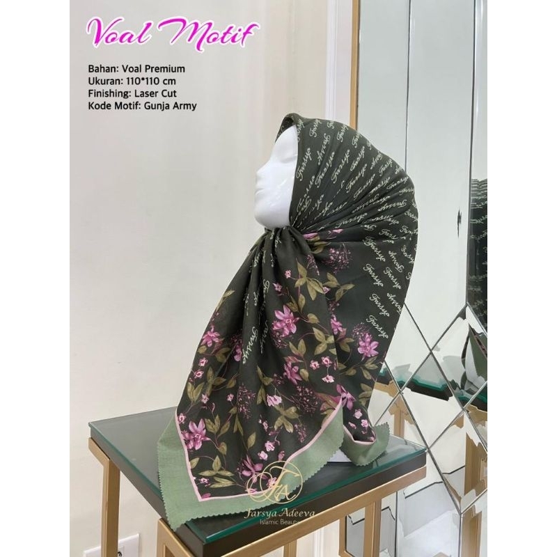 Hijab segiempat motif bunga warna hijau army
