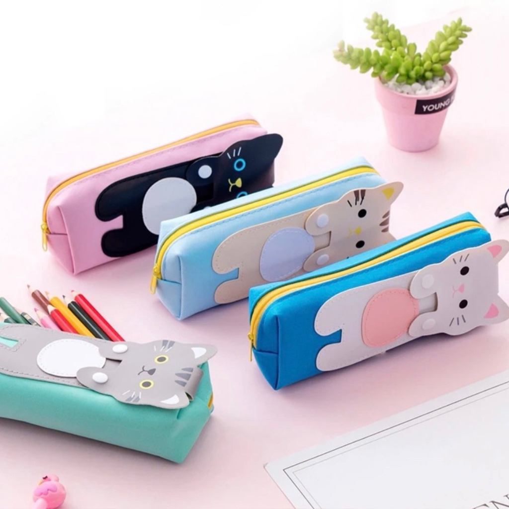 

tempat pensil kucing cat lucu canvas kulit pouch alat tulis kotak pensil caku