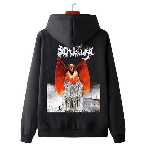 Jaket Hoodie Sepultura Bestial Devastation Hoodie Sweater Bahan Cotton Fleece