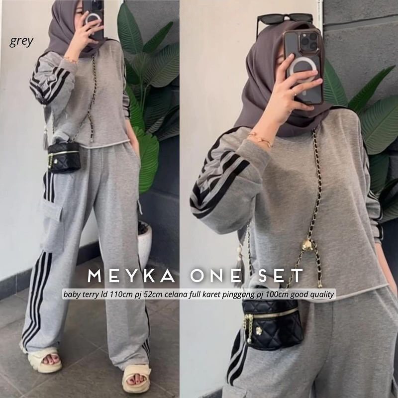 TERBARU Meyka One Set Baju Setelan Wanita Dewasa Polos Bahan Babyterry Size M L XL Warna Hitam One S