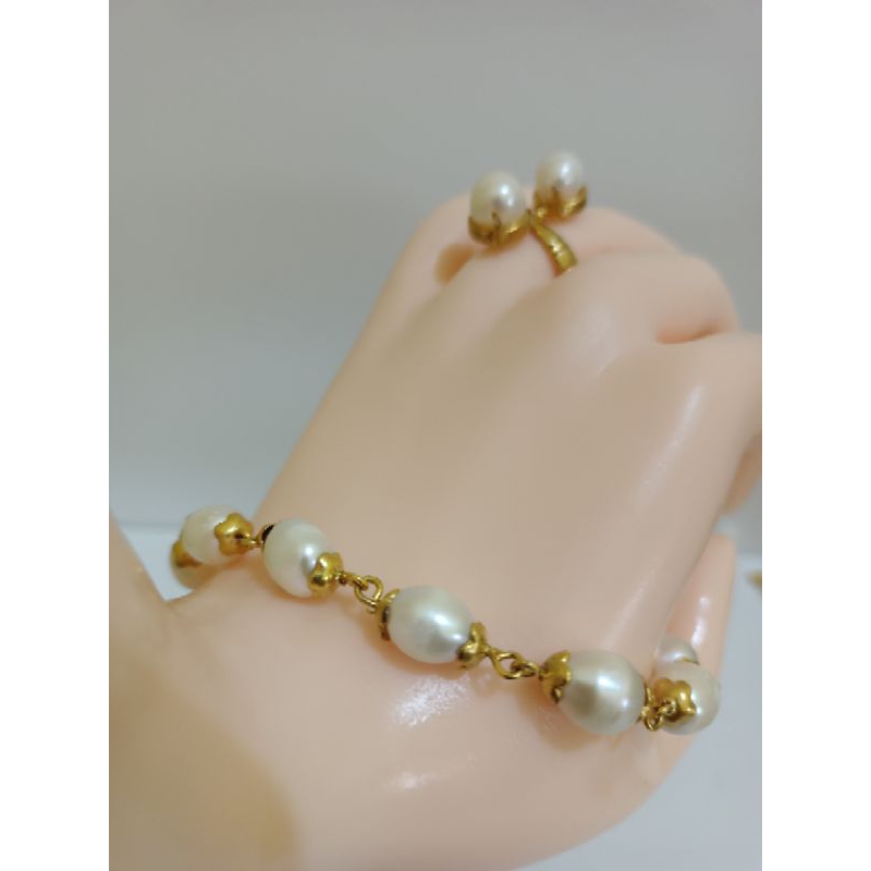 Set gelang lilit mutiara air tawar putih lapis emas