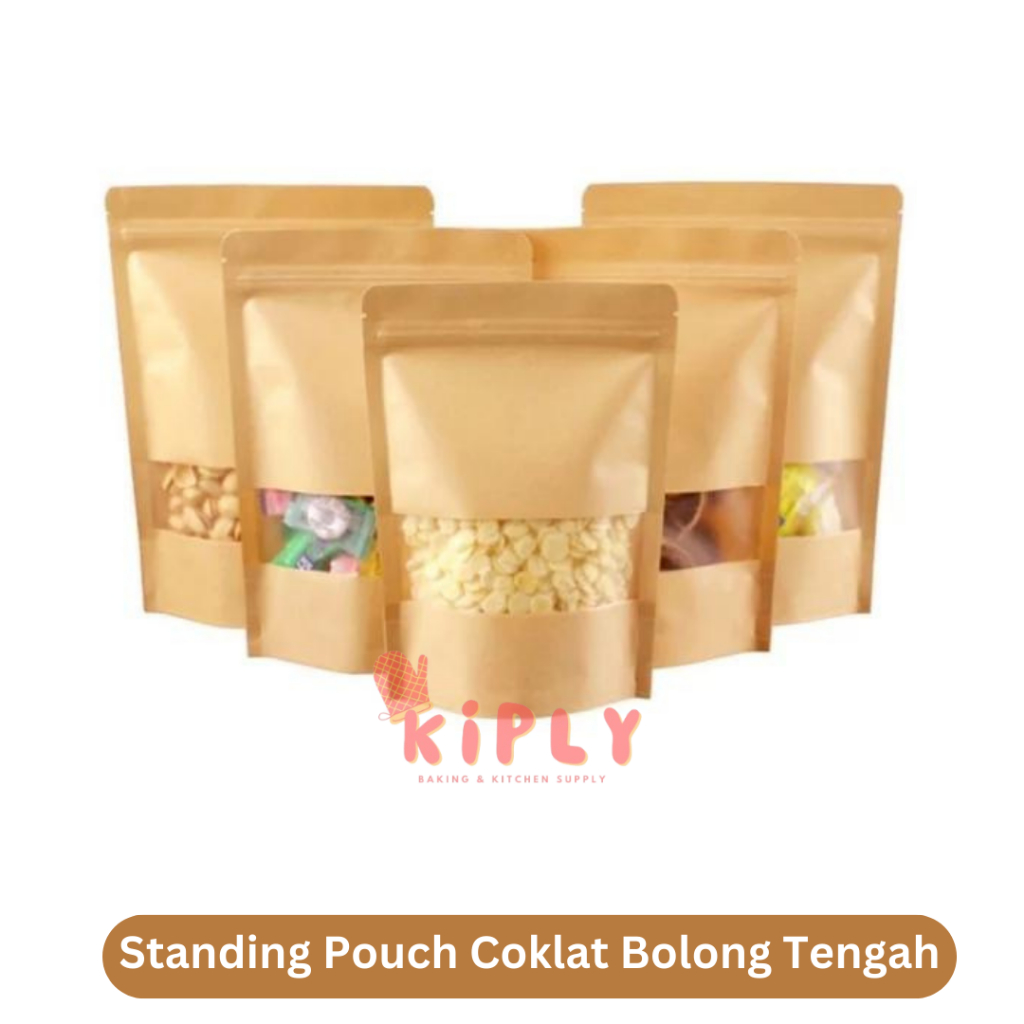 Standing Pouch Coklat Bolong Tengah/Standing  Pouch Kraft  Paper  Coklat Window/Standing Pouch Kraft