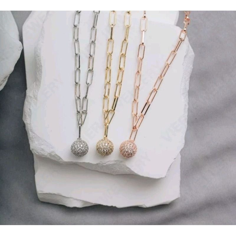 KALUNG RANTAI PAPERCLIP BANDUL BULAT MATA HALUS LAPIS EMAS ANTI KARAT ANTI ALERGI