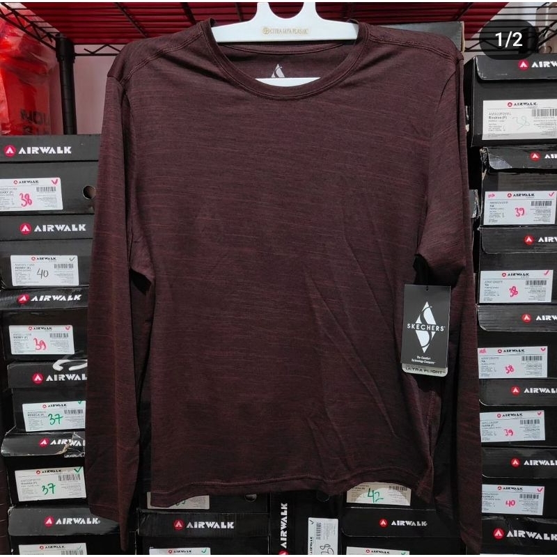 Skechers Tee BURGUNDY  size M XL / kaos olahraga running cowo lengan panjang