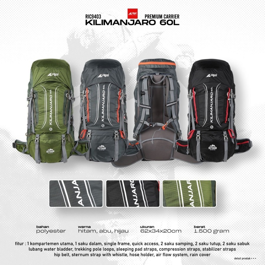 Tas Gunung Carrier Kilimanjaro 60 Liter Arei Outdoorgear keril Camping Rei