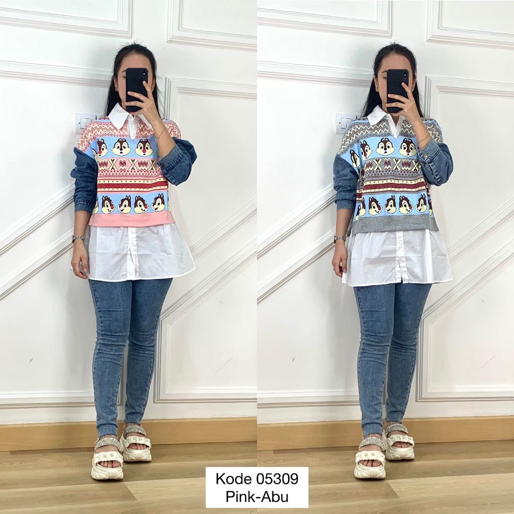 05309 TUNIK BABYTERRY MIX JEANS KATUN MOTIF CHIP DALE MOTIF FULL SABLON KERAH VARIASI BUTTON ATAS BA