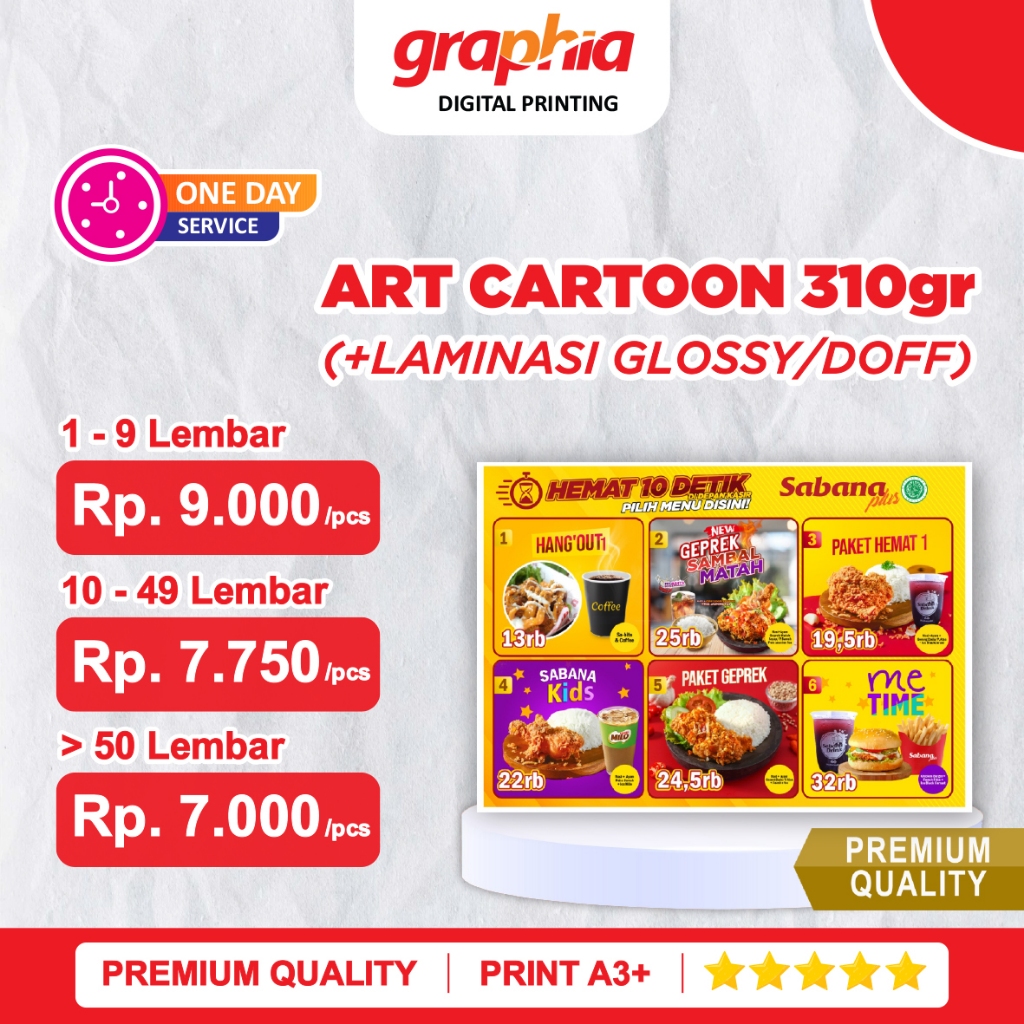 

Print Art Cartoon 310gr + Laminasi A3+ (Glossy/Doff)
