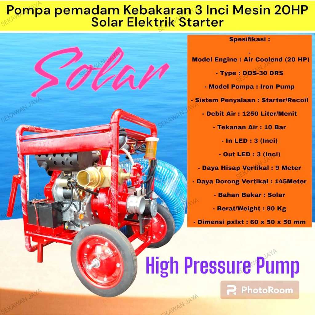 POMPA PEMADAM KEBAKARAN 3 Inchi MESIN 20HP SOLAR ELEKTRIK STATER / ALKON 3 IN SOLAR ENGINE 20 HP POM